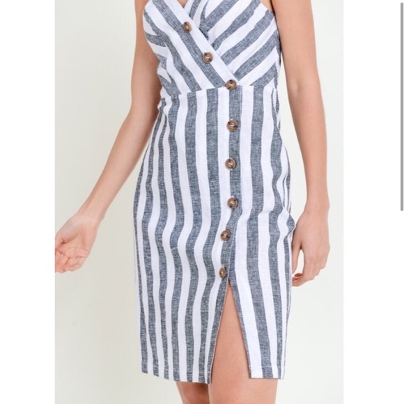 Linen Striped Asymmetrical Button Down Dress - Picture 3 of 8